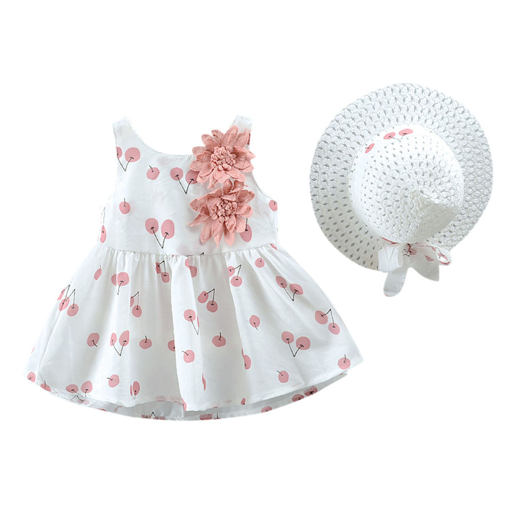JSCDRPDWL Girls Dresses Toddler Kid Baby Girl Cherry Printed Princess Dress+Hat Outfits Set Clothes Girls Black Dress 0-3 Months Baby Girl Clothes Pink 12-18 Months